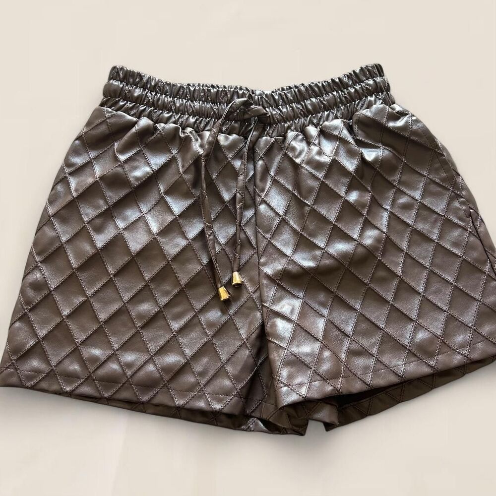 Brianna Cannon Brown Vegan Leather Quilted Boxer Shorts Moto Luxe Size Small
